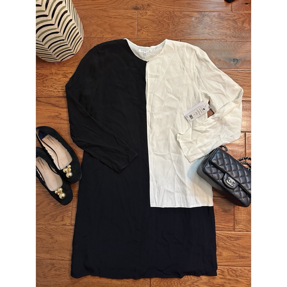 NWT Equipment Tatienne Colorblock Dress L Black White Viscose Shift Mini $325